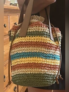 Sol and Mer Raffia Striped Drawstring Handbag NWT
